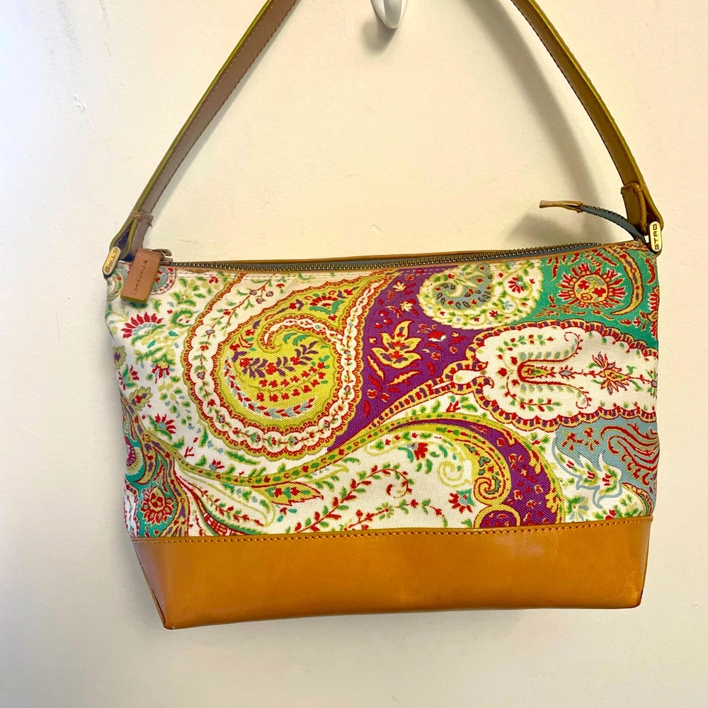 ETRO Tan Leather and Paisley  Printed Canvas Bag Vintage
